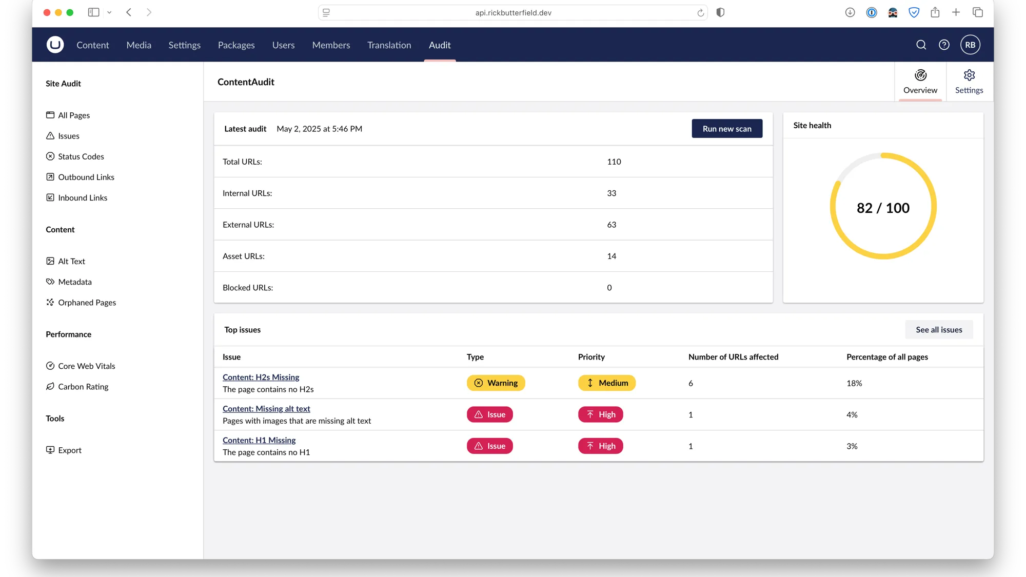The ContentAudit dashboard, showing a list of the number of pages crawl, a site score health dial and a list of top issues.