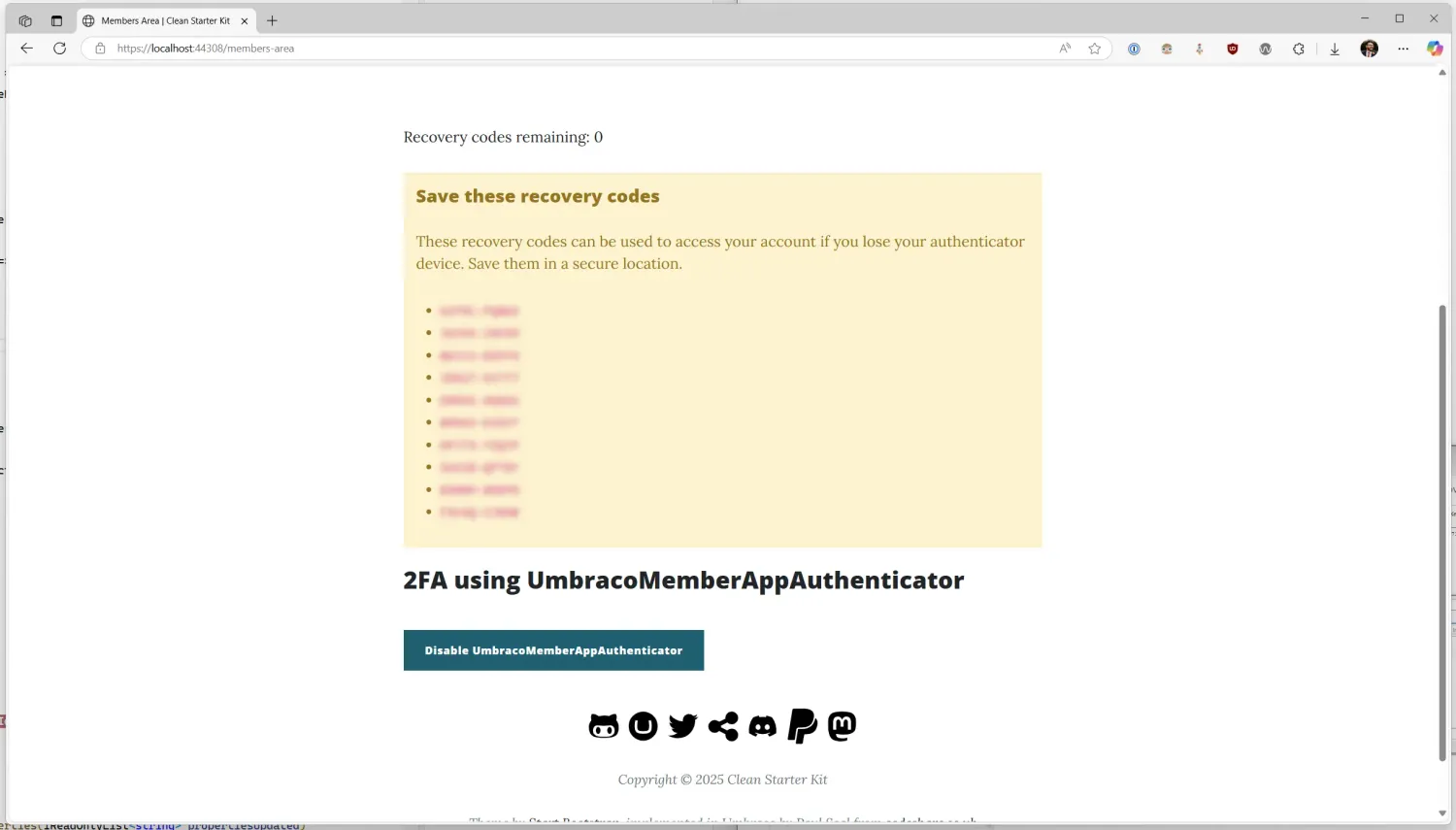 Screenshot of the Members Area showing a list of recovery codes.