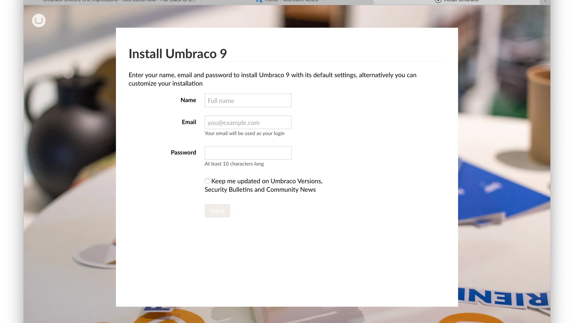 The Umbraco vNext installer screen running on macOS