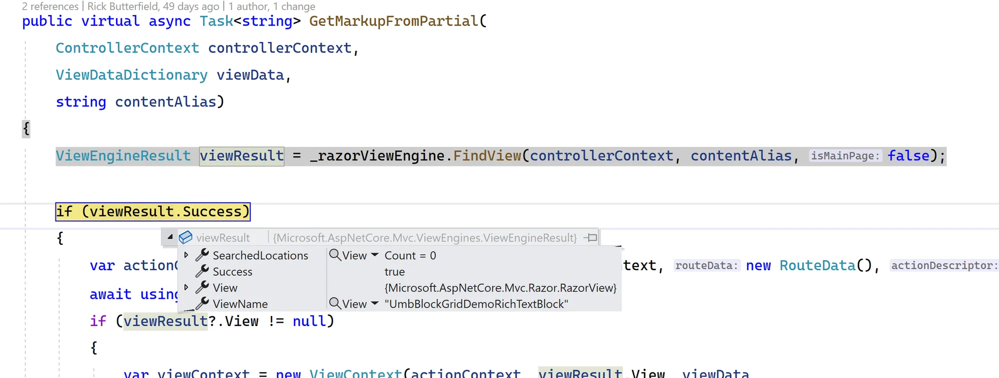 Visual Studio interface showing viewResult has found the partial view we were looking for