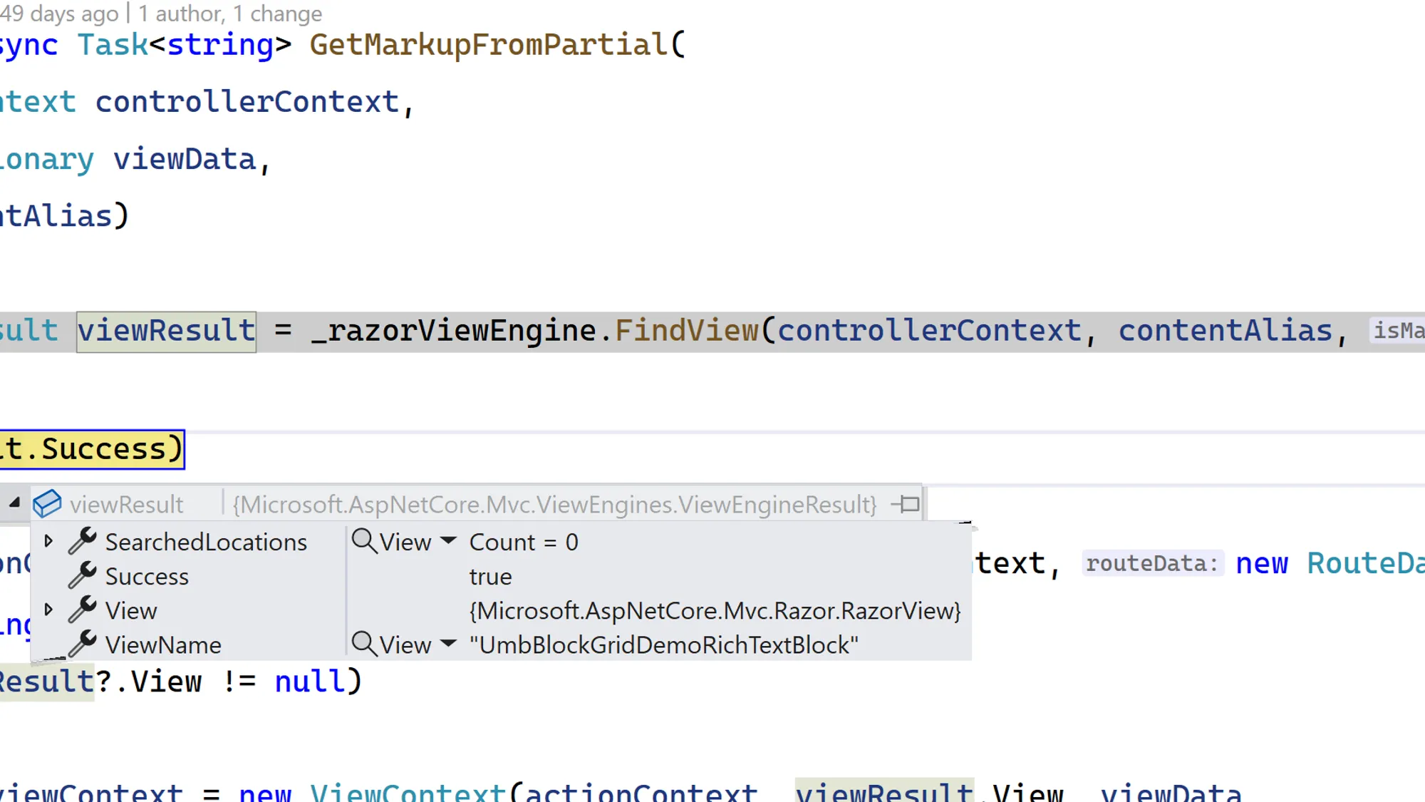 Visual Studio interface showing viewResult has found the partial view we were looking for