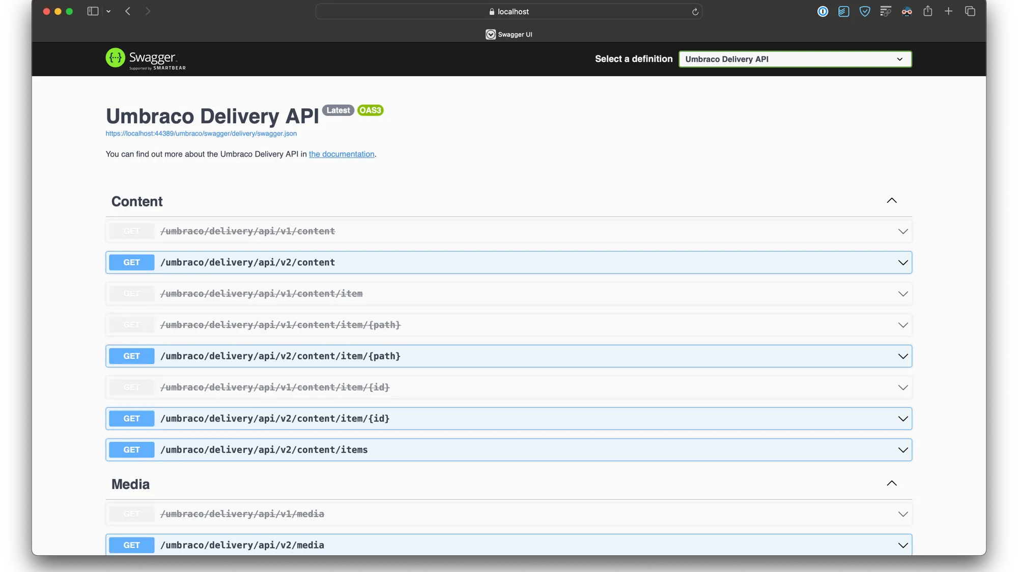 Umbraco's Swagger UI showing available endpoints for querying content and media