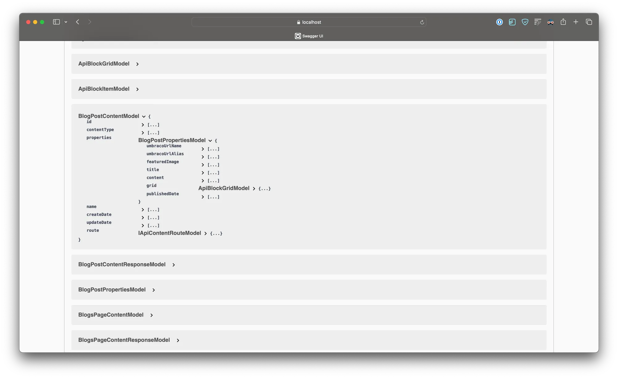 A screenshot of Umbraco's Swagger UI, showing expanded properties for BlogPostContentModel