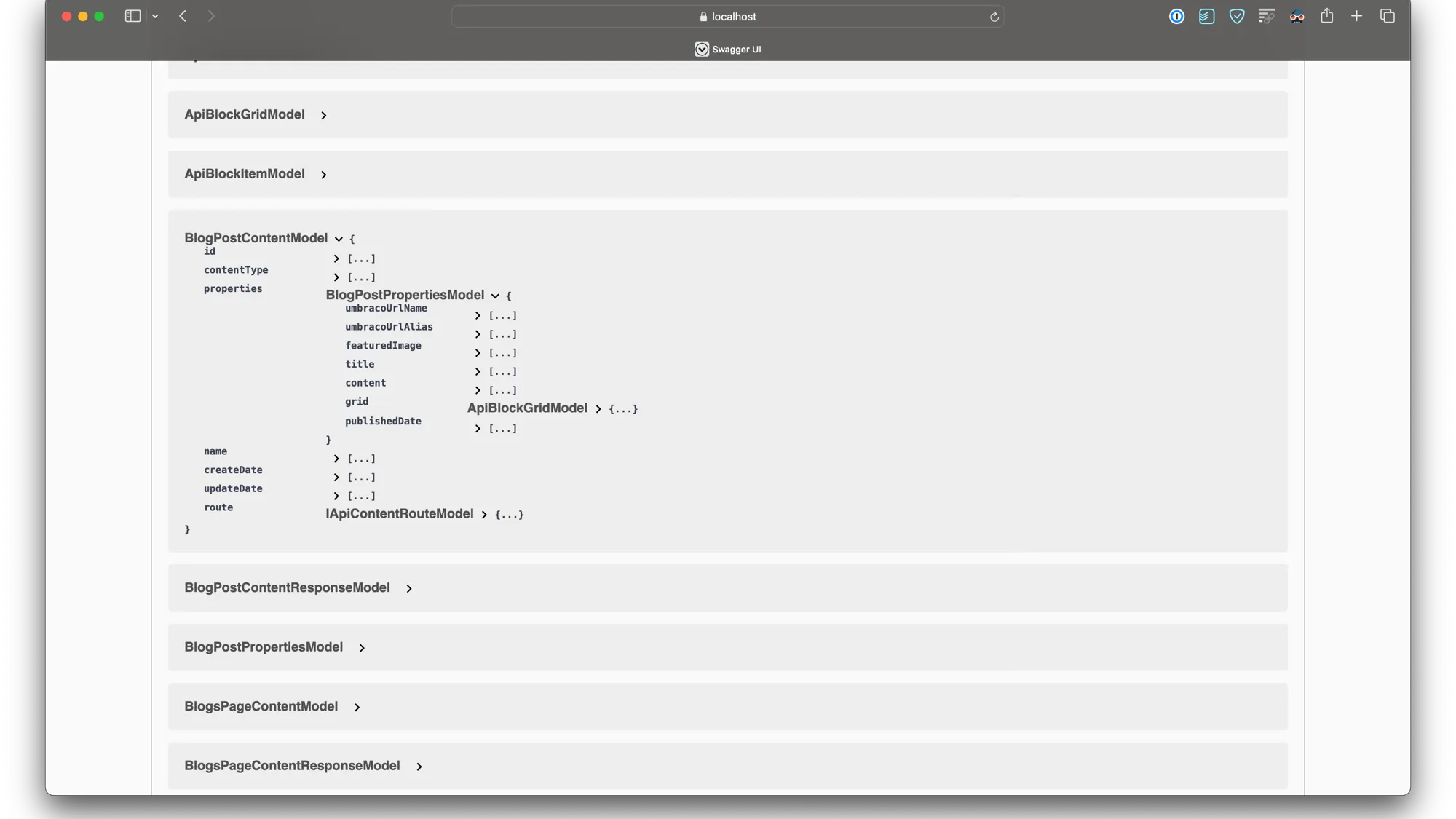 A screenshot of Umbraco's Swagger UI, showing expanded properties for BlogPostContentModel