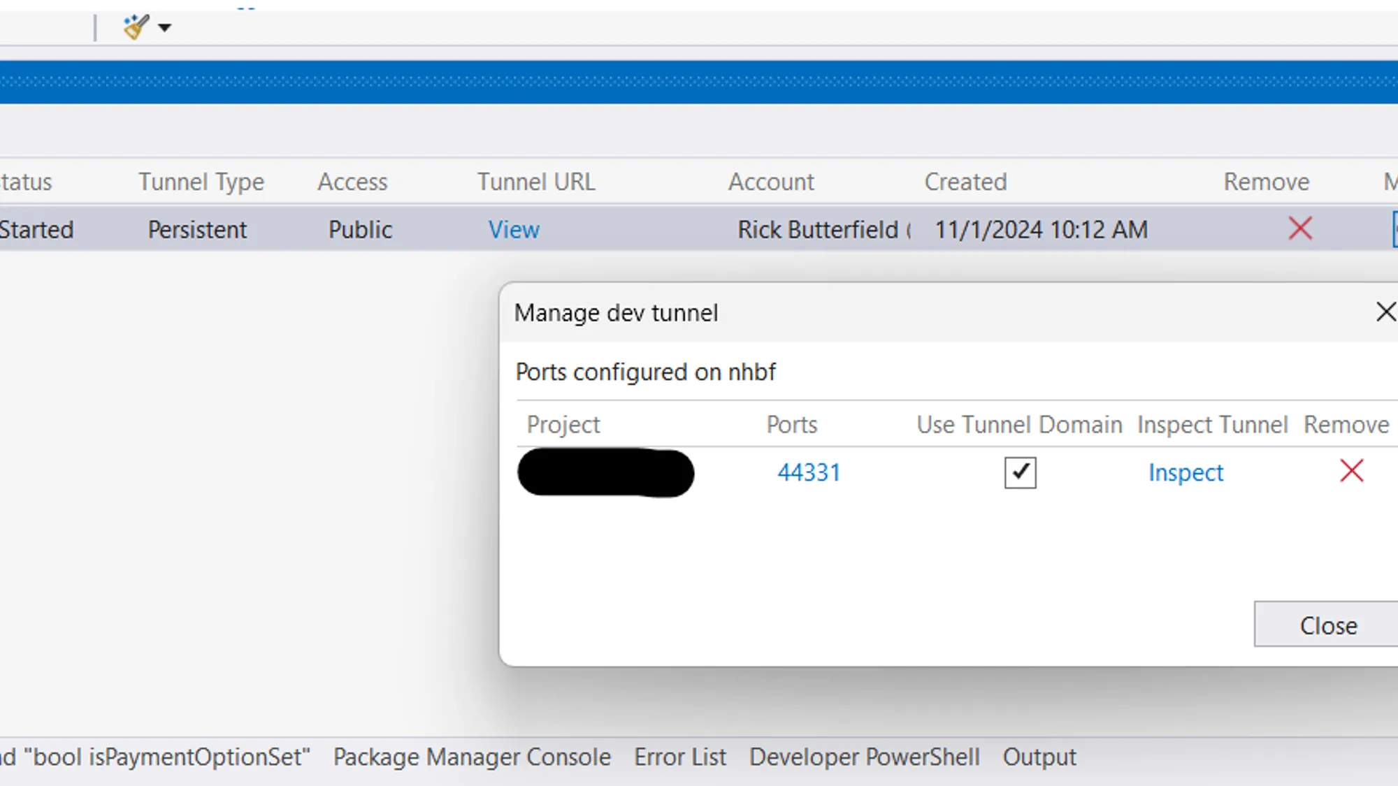 The "Manage dev tunnel" window open with "Use Tunnel Domain" checkbox ticked.