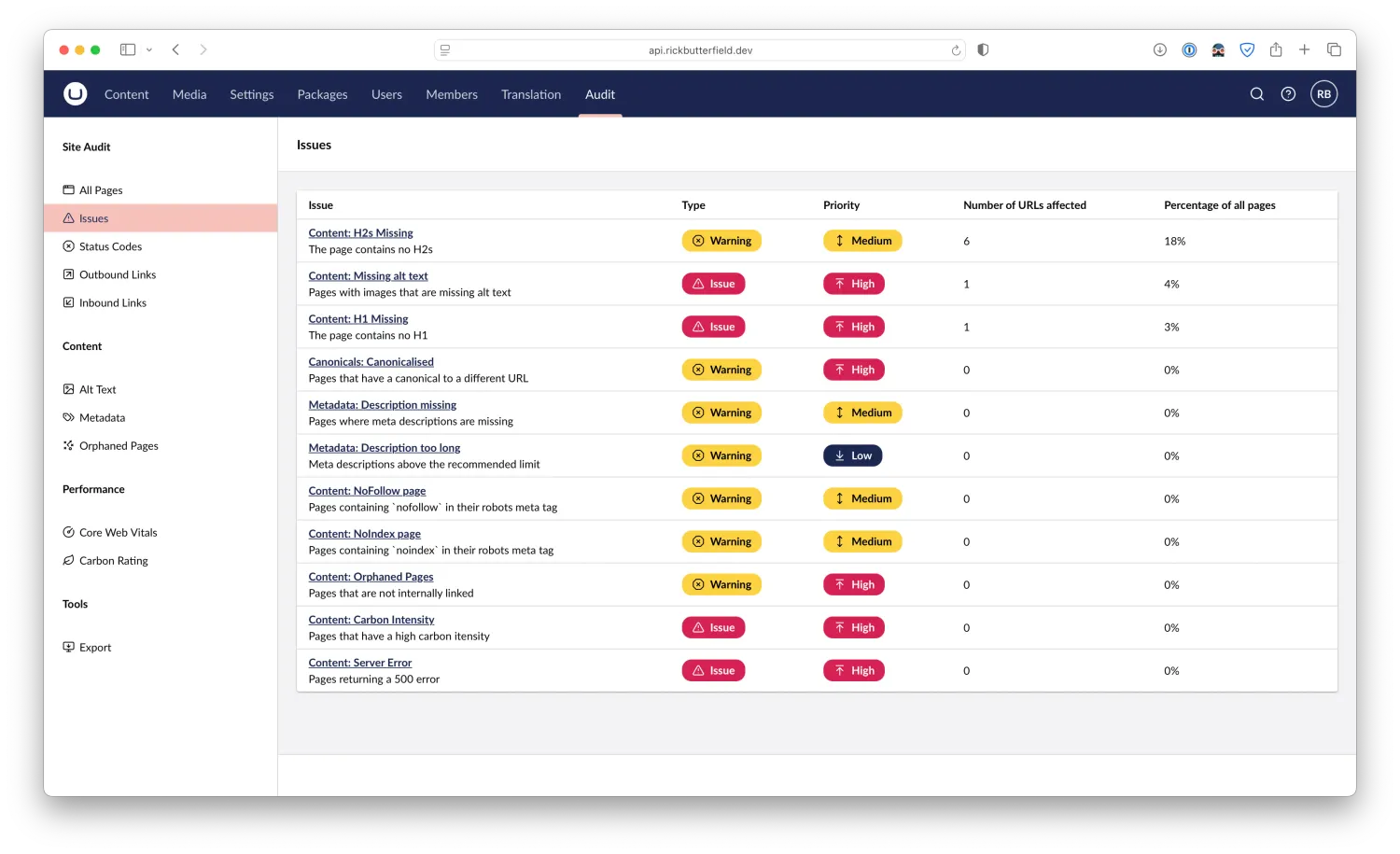 A list of issues within the ContentAudit section.