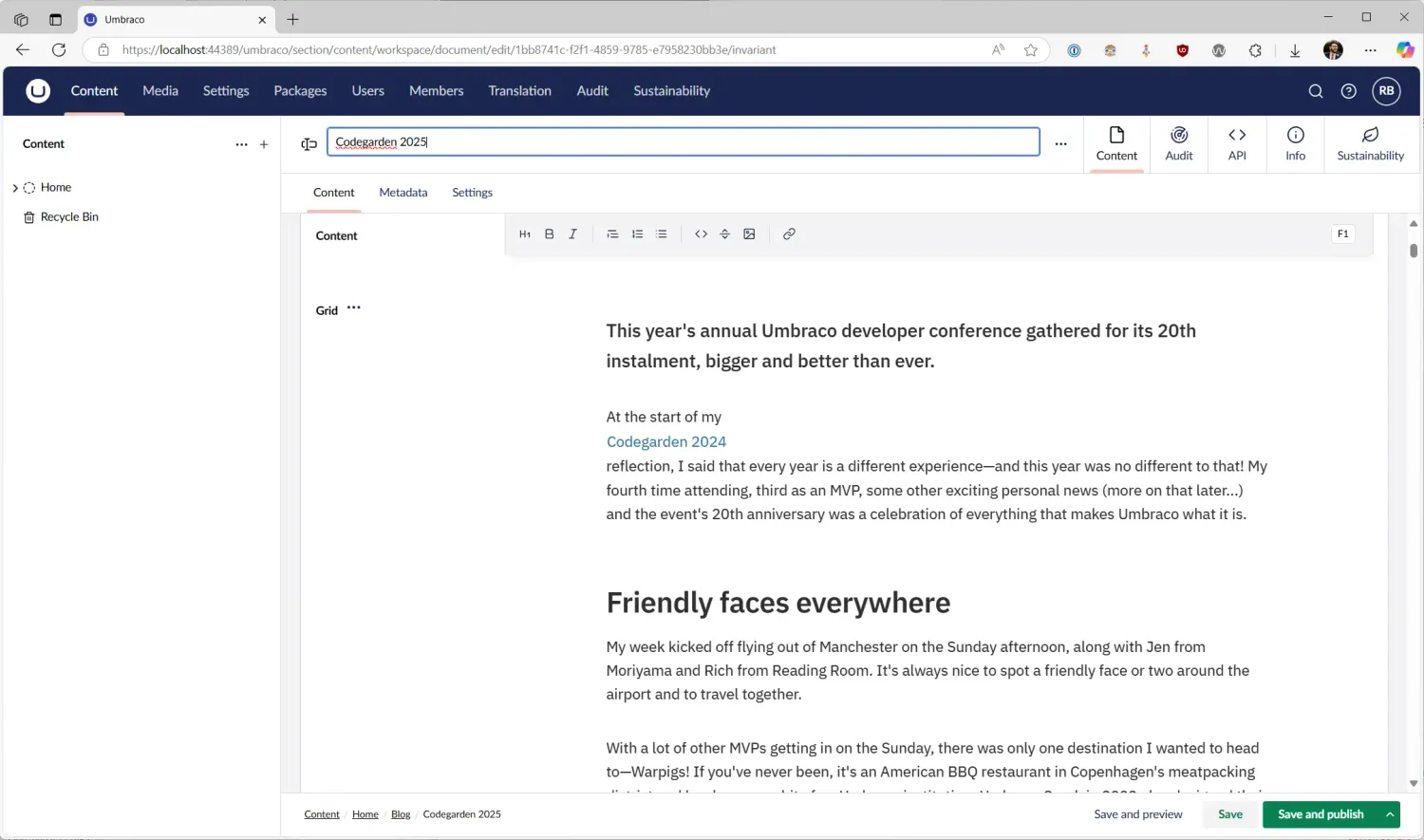 Umbraco backoffice showing the custom font being rendered