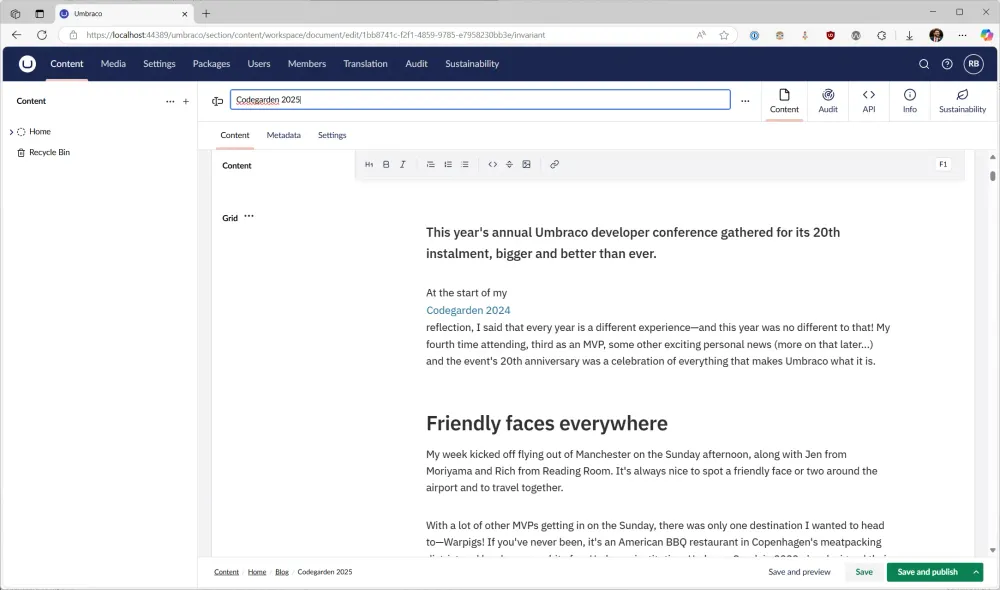 Umbraco backoffice showing the custom font being rendered