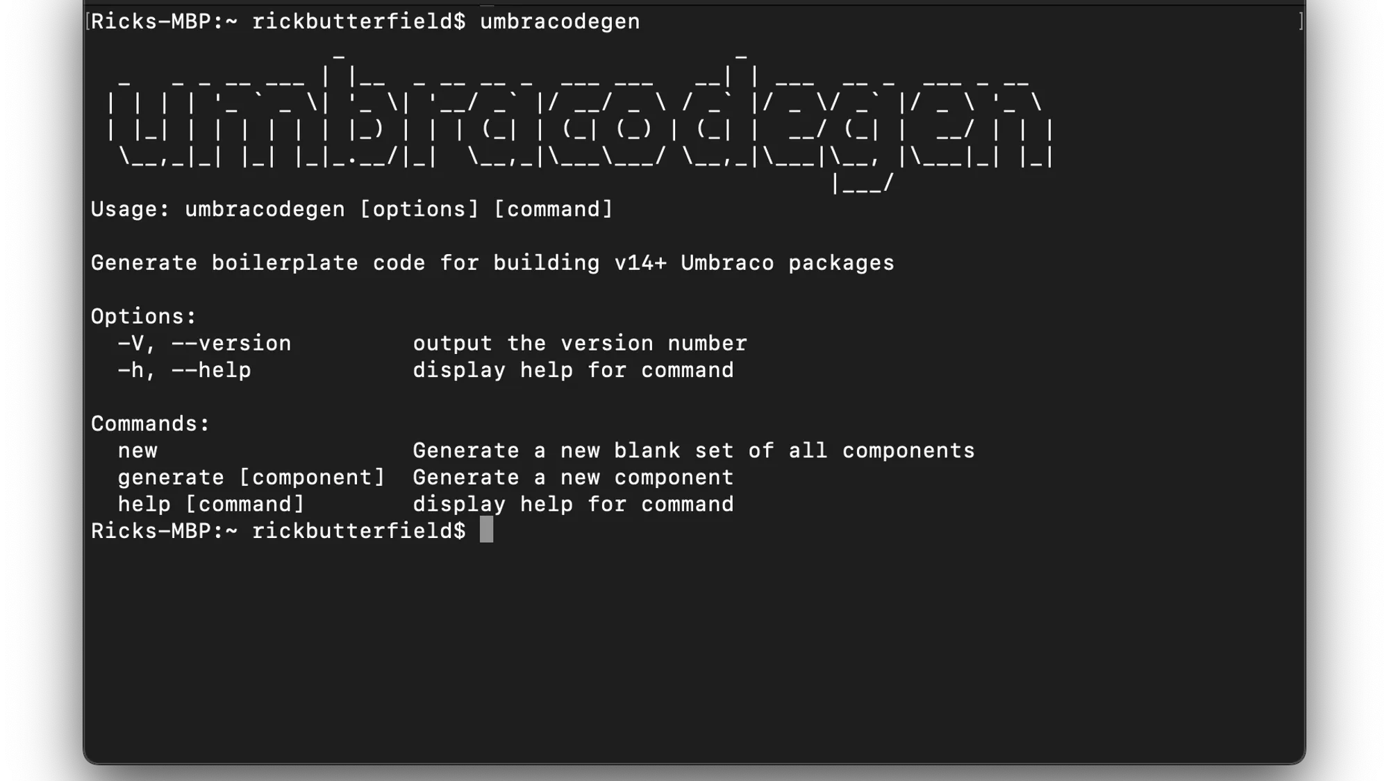 Screenshot of a macOS terminal showing umbracodegen running