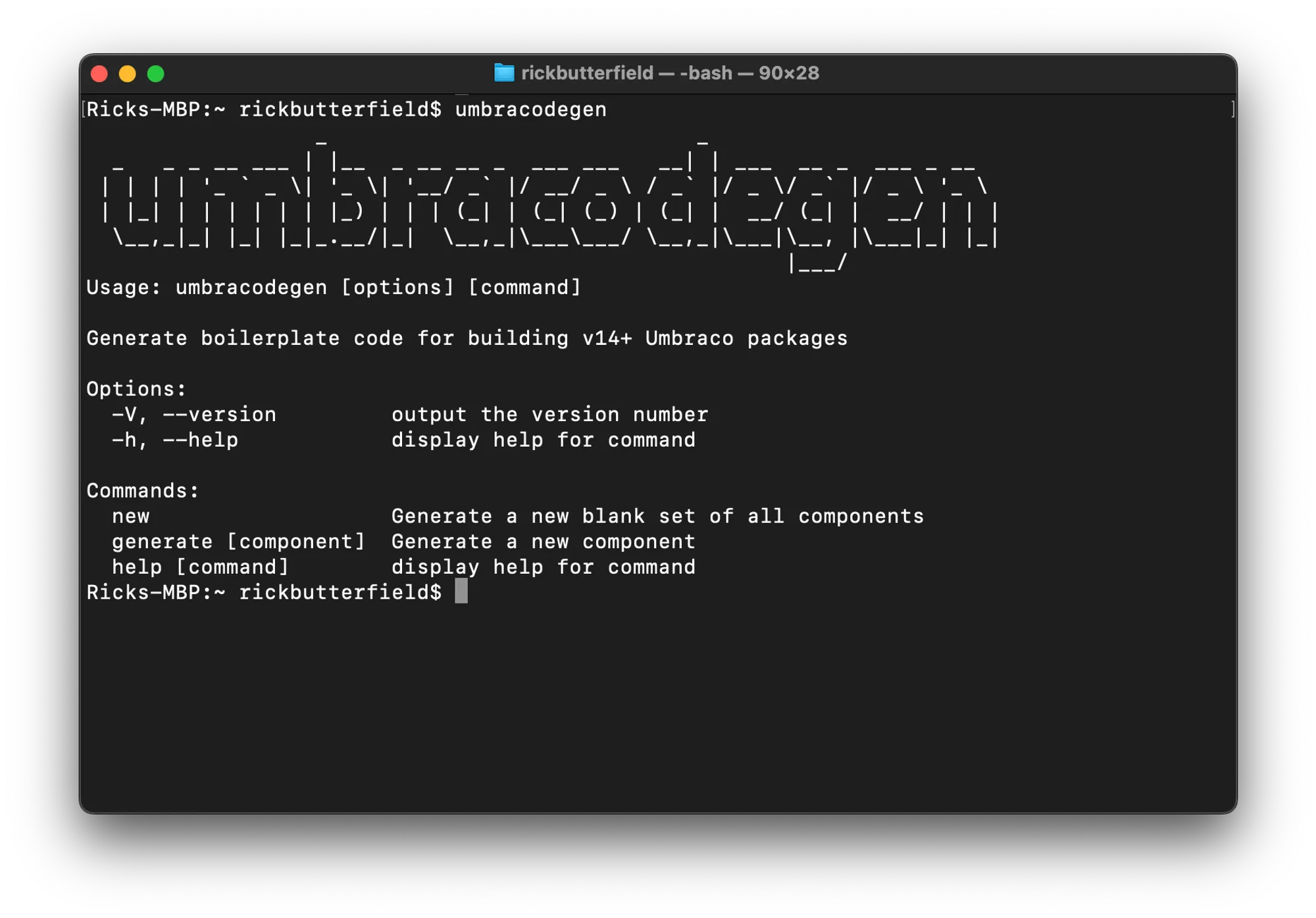Screenshot of a macOS terminal showing umbracodegen running