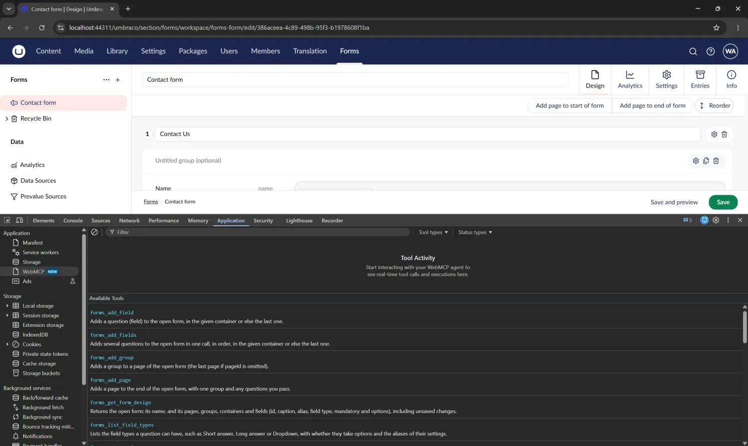 Chrome DevTools, Application → WebMCP, with a form open in the Forms designer: the page's available tools, including the Forms toolset's forms_add_field and forms_get_form_design.