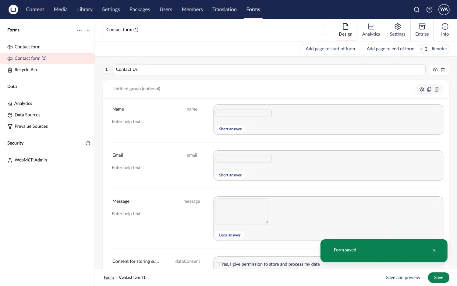 A Contact form created from Forms' contact template and saved, with two generic tool calls: umbraco_run_create_option, then umbraco_run_workspace_action with Save. No Forms-specific code.