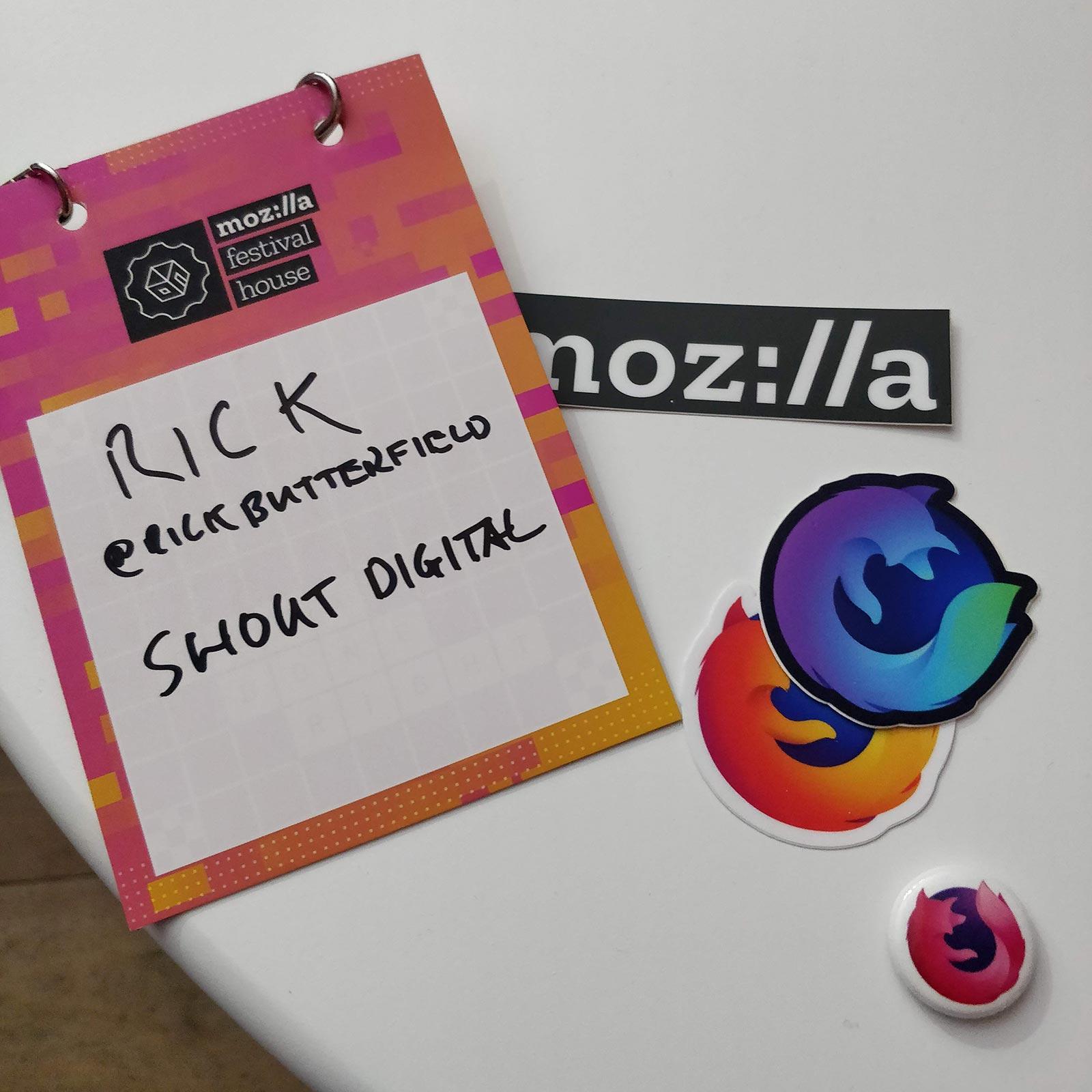 My conference lanyard and a number of Mozilla stickers