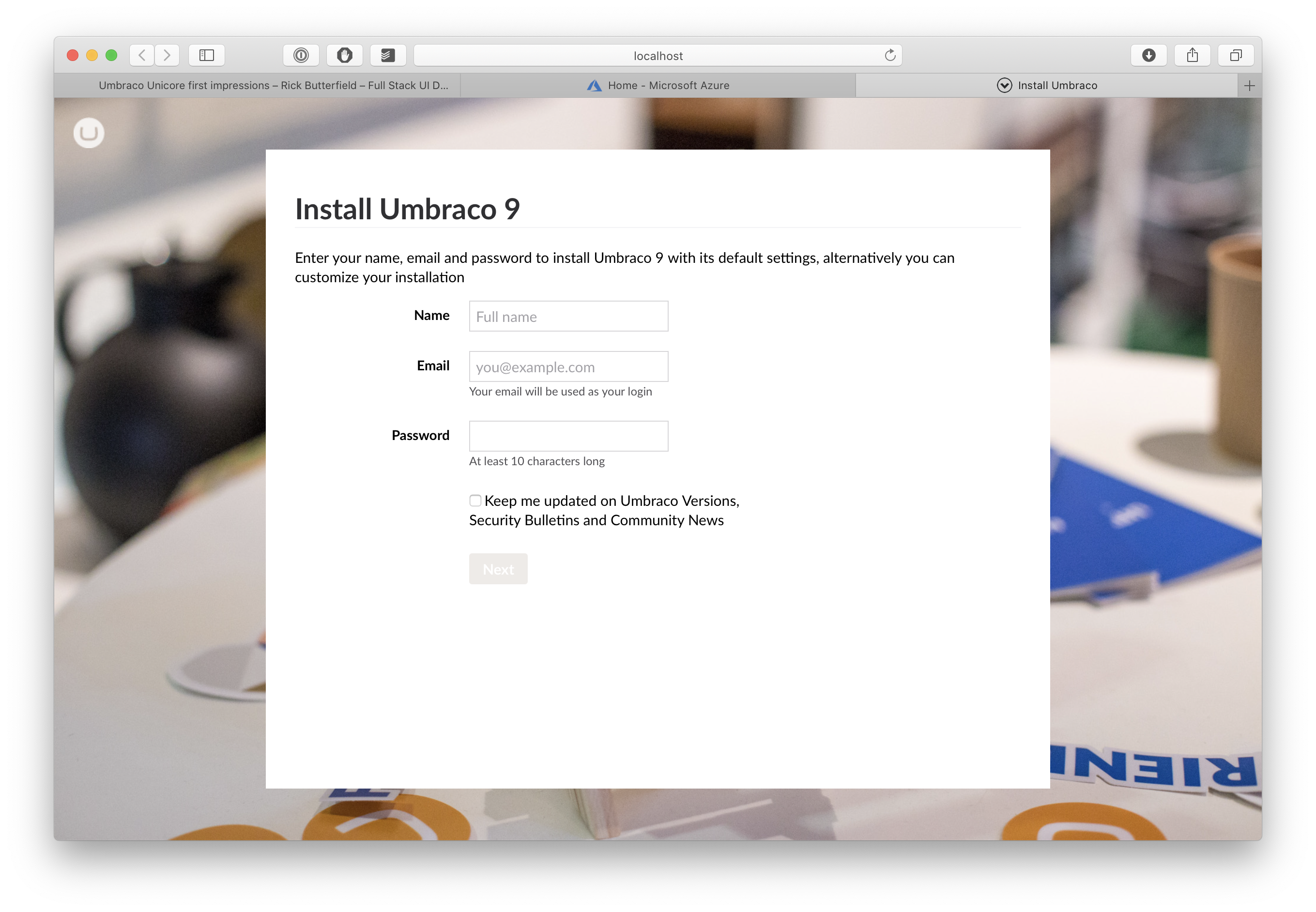 The Umbraco vNext installer screen running on macOS