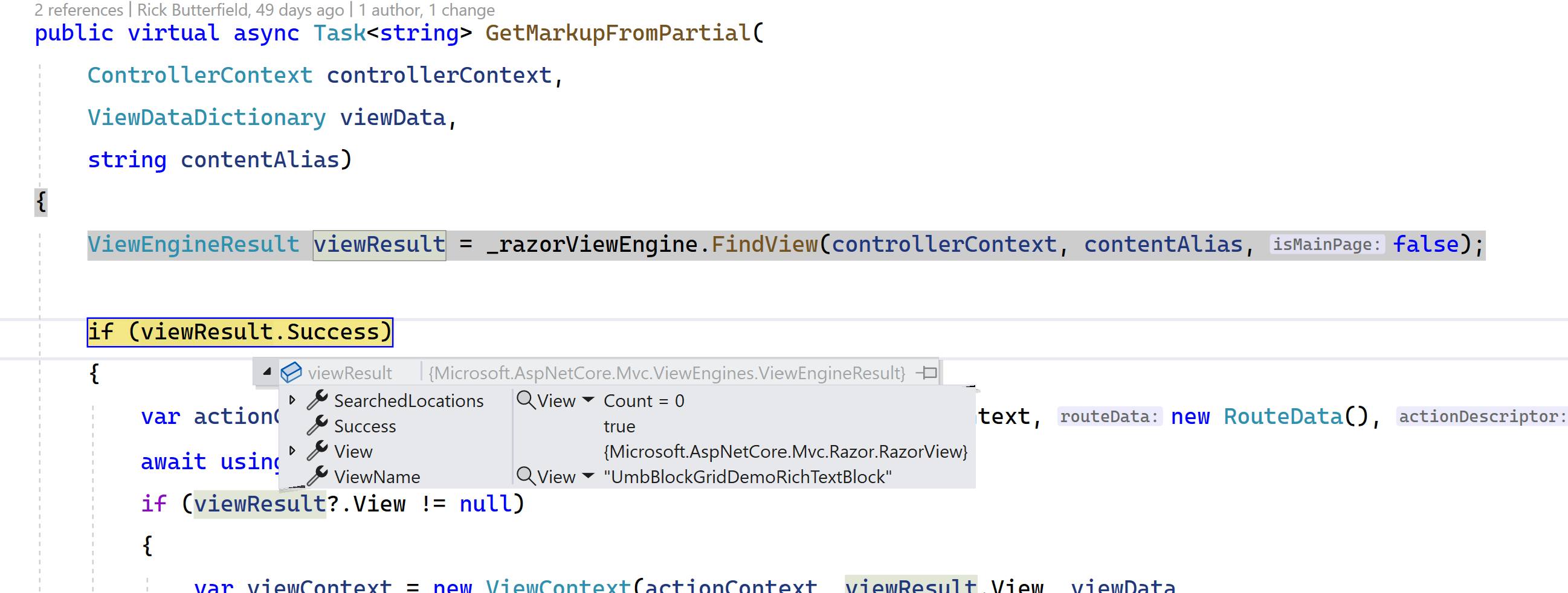 Visual Studio interface showing viewResult has found the partial view we were looking for